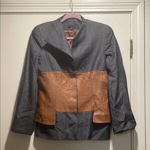 Douglas Hannant Blue Denim Cognac Leather 5 Hidden Button Down Gorgeous Jacket